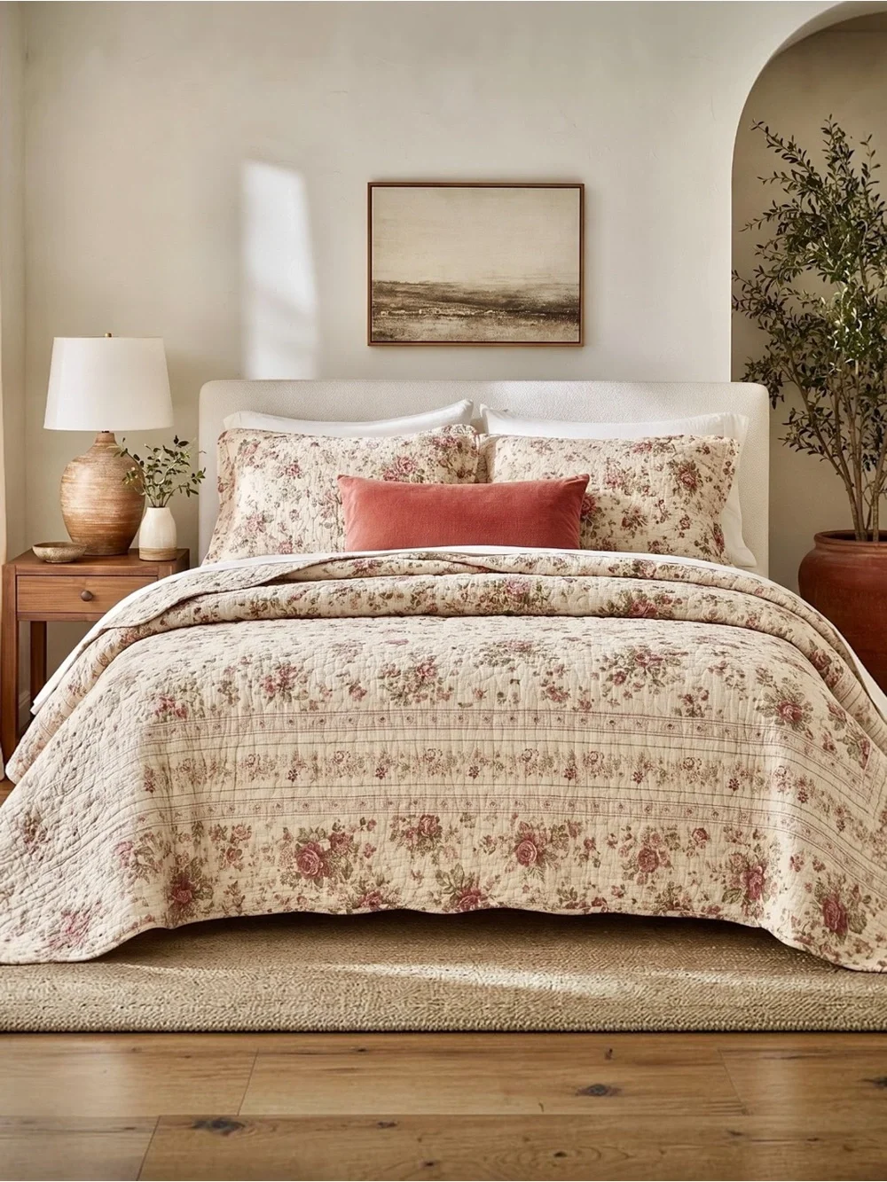 NEW Anthro White Red Floral Cream Queen King Quilt Bedspread Bedding & Sham Set